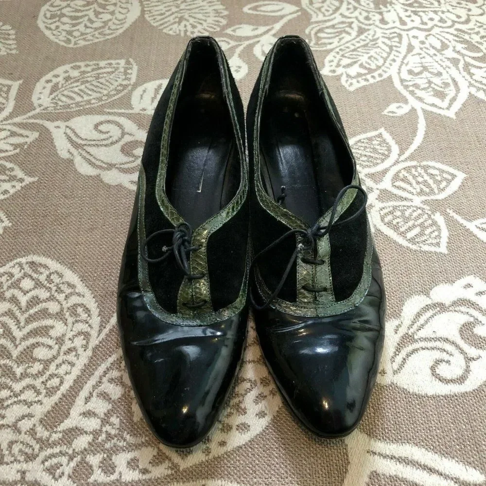 Vintage Oxfords! Black Patent Lace Up W/Green Snakeskin Trim 8.5 Narrow AA - Picture 3 of 9